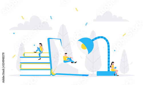 Tiny literature fans sitting on big books flat style design vector illustration isolated on white background. Book festival, fair or students education concept.
