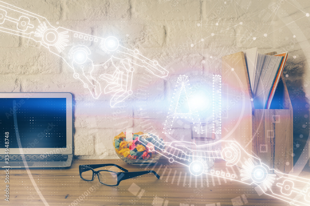 Double exposure of desktop with personal computer on background and tech theme drawing. Concept of data analysis. Double exposure of desktop with personal computer on background and tech theme drawing. Concept of data analysis.