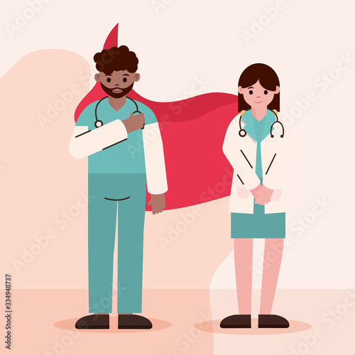 doctor hero, physicians female and male professional with capes characters