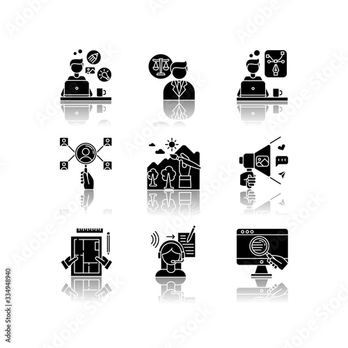 Remote jobs drop shadow black glyph icons set. Creative and graphic design, transcription and HR management, web research. Social media coordinator. Isolated vector illustrations on white space