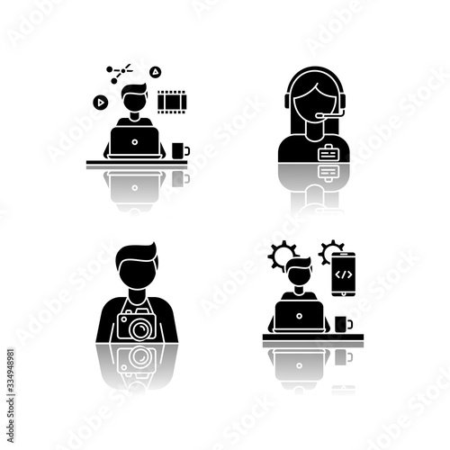 Remote workers drop shadow black glyph icons set. Video editor and photographer, mobile app developer. Administrator support and programming. Isolated vector illustrations on white space