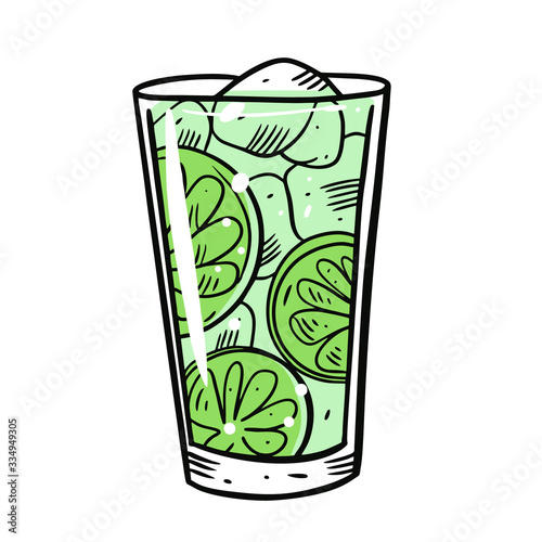 Mojito Alcohol Cocktail. Hand drawn flat style. Cartoon vector illustration. Isolated on white background.