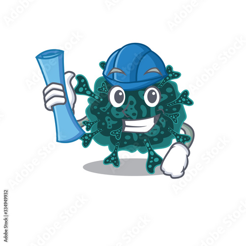 Cartoon character of herdecovirus brainy Architect with blue prints and blue helmet