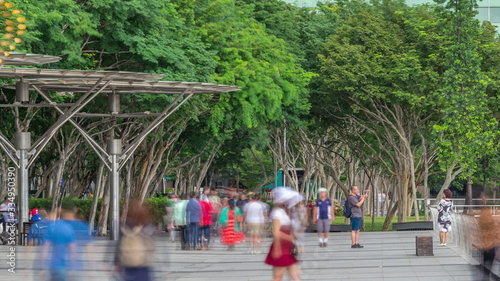 Photography Walk way with trees beside at parks and outdoor of marina bay with singapore sky