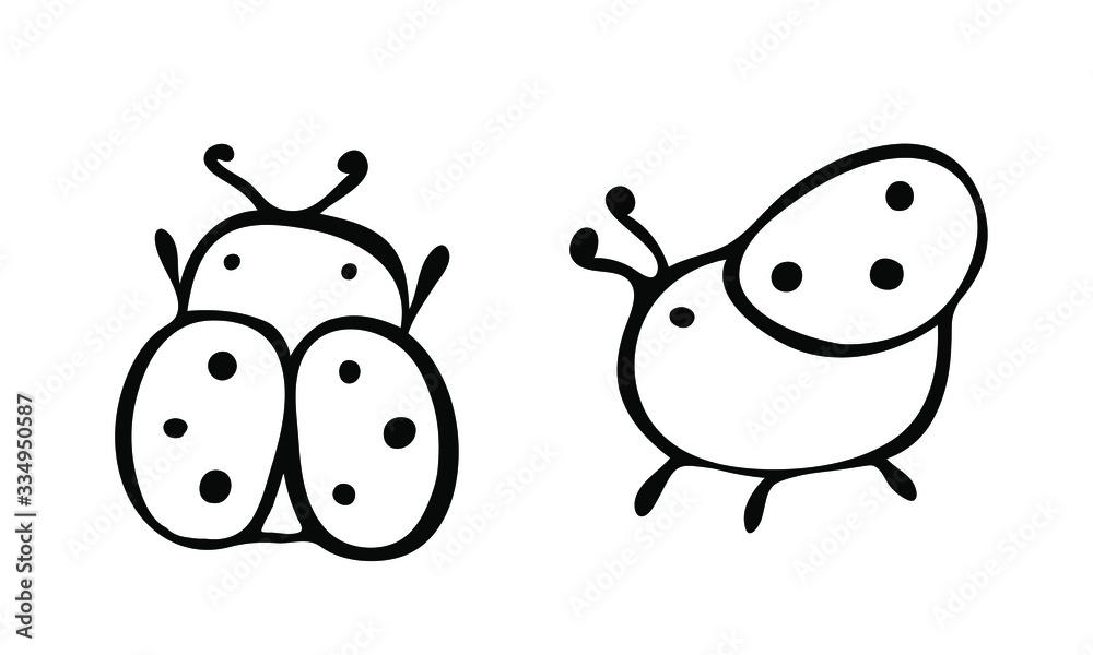 Obraz premium Ladybug, ant, snail, caterpillar, dragonfly, spider. Seth are thick, small, simple insects in a doodle style. Line insect. Print for children's coloring, print for clothes, t-shirts, cups, postcard. B