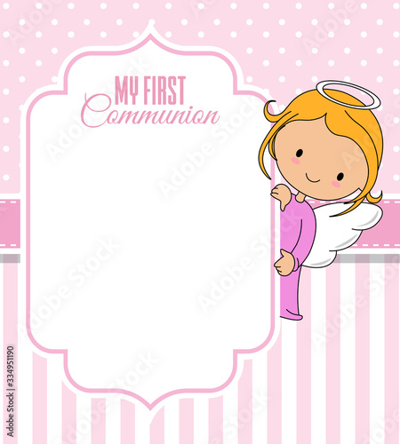 Communion or baptism card. Angel with frame. Space for text