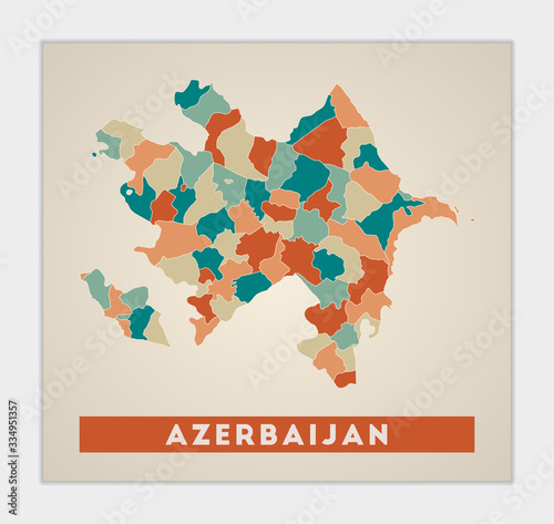 Azerbaijan poster. Map of the country with colorful regions. Shape of Azerbaijan with country name. Powerful vector illustration.