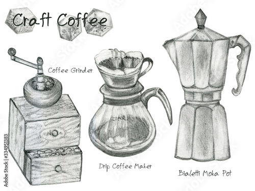 Element Sketch pencil line Icons of coffee grinder  drip maker machine moka pot Illustrations design for restaurant, cafe, bar, coffeehouse, coffee shop