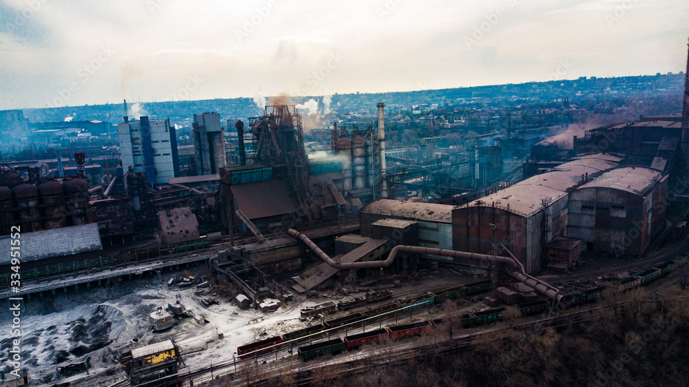 metallurgical production plant full cycle smoke from pipes bad ecology aerial photography