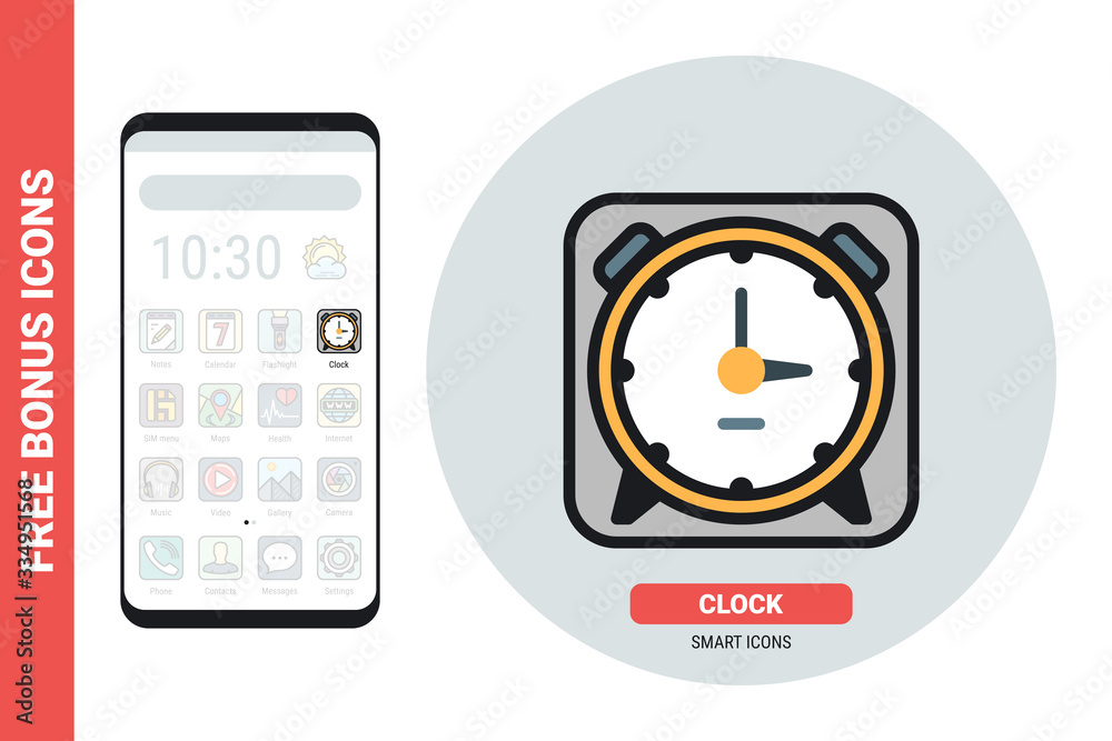 Alarm clock or timer application icon for smartphone, tablet, laptop or other smart device with mobile interface. Simple color version. Contains free bonus icons Alarm clock or timer application icon for smartphone, tablet, laptop or other smart device with mobile interface. Simple color version. Contains free bonus icons