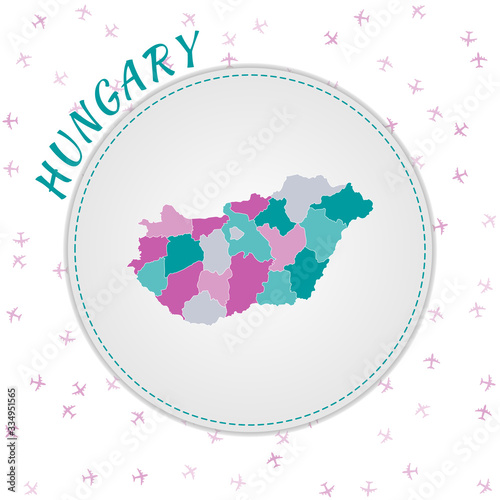 Hungary map design. Map of the country with regions in emerald-amethyst color palette. Rounded travel to Hungary poster with country name and airplanes background. Classy vector illustration.