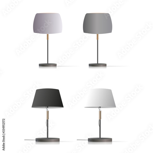 Set of decorative table lamps. Original model with a silk lampshade and a metal leg. For living room, bedroom, study and office. Vector illustration on a white background.