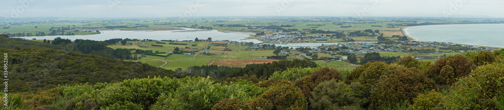 Panoramic view of Riverton,Southland from Mores Coastal Loop Track on South Island of New Zealand
