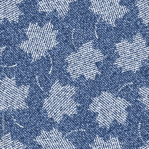 Camouflage Jeans background with maple leaves. Vector Denim seamless pattern. Blue jeans cloth.