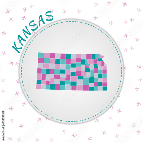 Kansas map design. Map of the US state with regions in emerald-amethyst color palette. Rounded travel to Kansas poster with US state name and airplanes background. Stylish vector illustration.