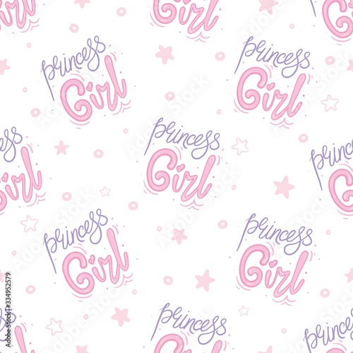 Girlish seamless pattern with hearts  text  stars  arrows. Cool super girls  go  power  lettering. Print design for children s clothes. Typography design. Woman motivational slogan. Feminism quote.