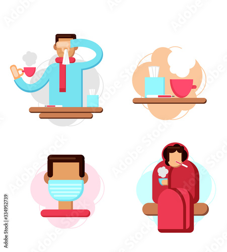 Flu illness and grippe with rhinitis. People infected by virus. Need treatment and stay home. Vector illustration