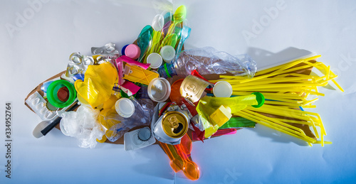 Photography plastic fish made of disposable and waste plastics, ecology concept