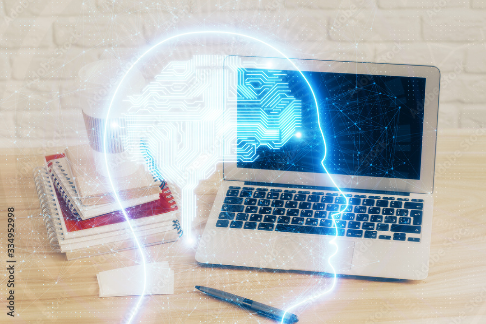 Multi exposure of work space with computer and human brain hologram. Brainstorm concept. Multi exposure of work space with computer and human brain hologram. Brainstorm concept.