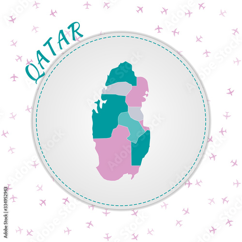 Qatar map design. Map of the country with regions in emerald-amethyst color palette. Rounded travel to Qatar poster with country name and airplanes background. Authentic vector illustration.