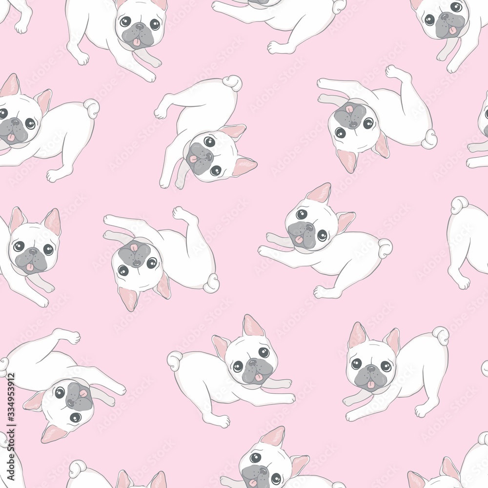 Seamless pattern with cute dogs on blue. Background for fabric, textile design, wrapping paper or wallpaper. French bulldog