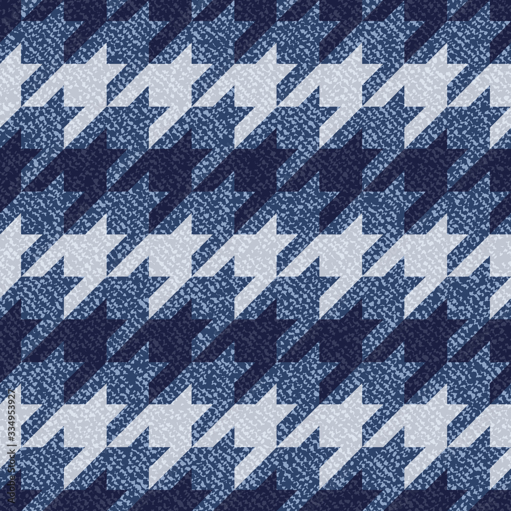 Jeans background with Houndstooth Tartan geometric print fashion design. Denim Seamless Vector Pattern Tile. Blue jeans cloth Dog tooth Check Fabric Texture. English background Glen plaid Pattern