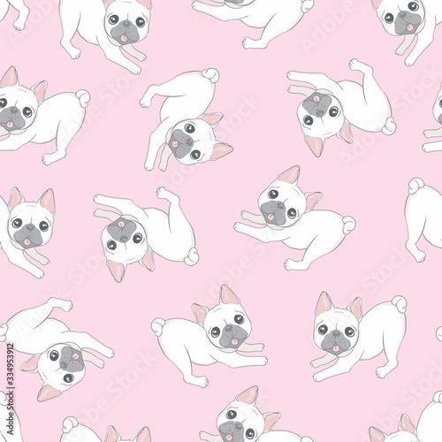 Seamless pattern with cute dogs on blue. Background for fabric, textile design, wrapping paper or wallpaper. French bulldog