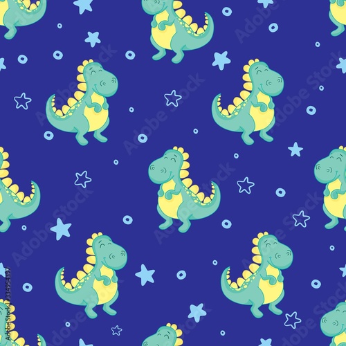 Cute dinosaur with crowns seamless pattern on white background. Vector dino background for kids. Child drawing style cartoon illustration. Design for fabric  textile  decor.