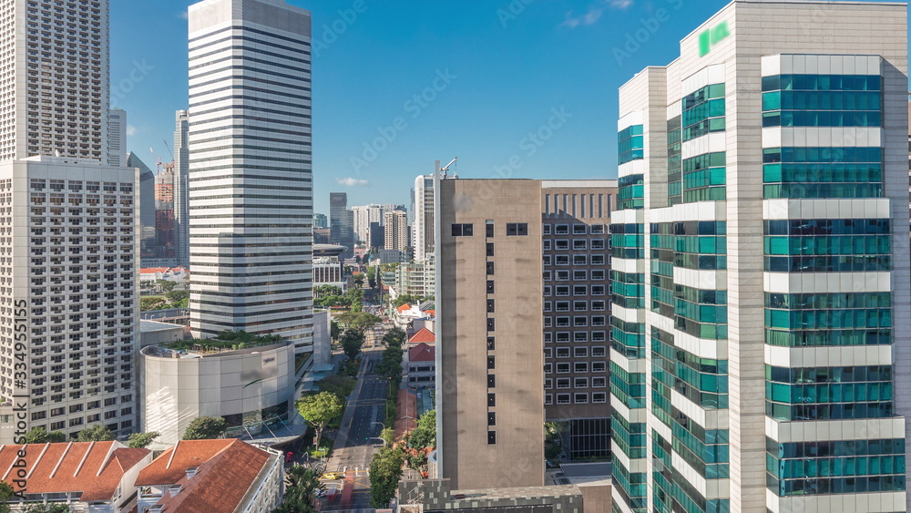 A beautiful morning panorama with Marina Bay area and skyscrapers city skyline aerial timelapse. A beautiful morning panorama with Marina Bay area and skyscrapers city skyline aerial timelapse.