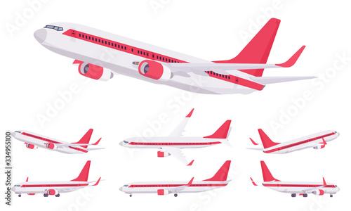 Passenger plane red stripe livery set, airline aircraft for passengers. Airport business vehicle, sky travel jet and holiday aviation tourism. Vector flat style cartoon illustration, different views