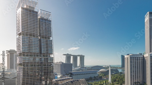 Photography A beautiful morning panorama with Marina Bay area and skyscrapers city skyline aerial timelapse