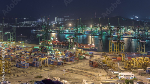 Commercial port of Singapore aerial night timelapse.