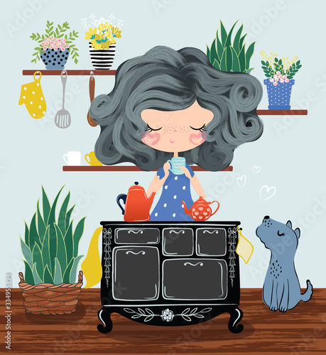 Little cute girl in kitchen with cute dog, children artworks, post cards, fashion prints, children books.