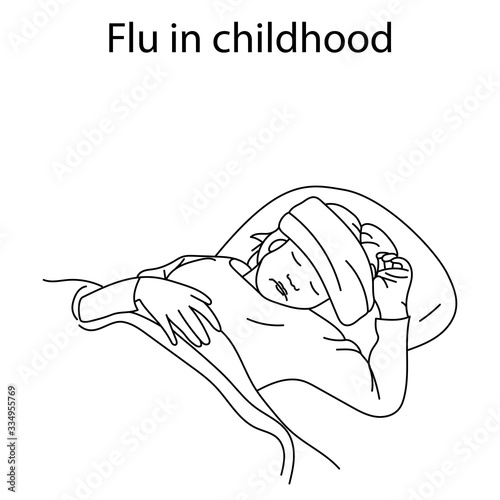 Flu in childhood. Sick girl lying in bed with cold compress on head. Line art, outline vector illustration.
