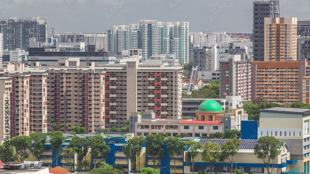 Fototapeta premium Singapore skyline with Victoria street and shoping mall aerial timelapse.