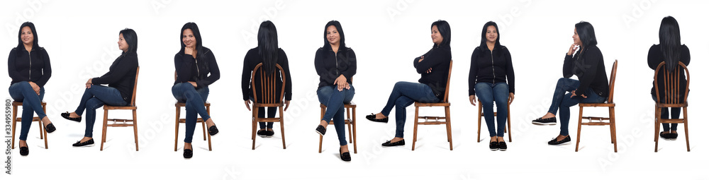 Fototapeta premium large group of same woman sitting on a chair on white background
