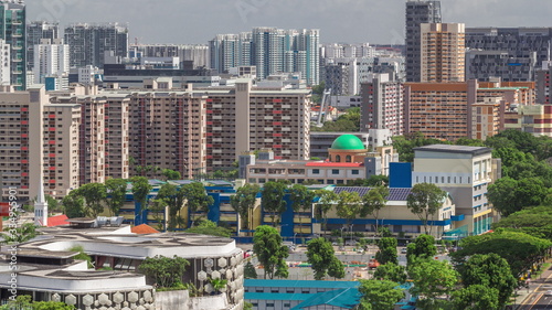 Photography Singapore skyline with Victoria street and shoping mall aerial timelapse