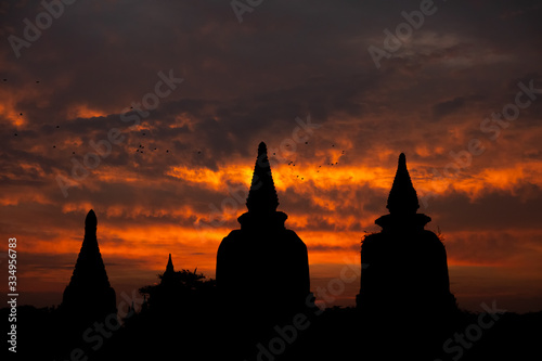 Scenic sunrise over some temples in Bagan  Myanmar.