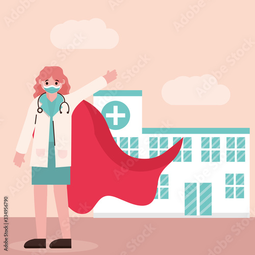 doctor hero, female physician with mask and cape hospital care