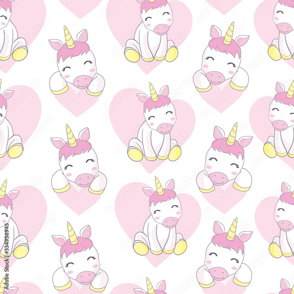 Vector pattern with cute unicorns, clouds,rainbow and stars. Magic background with little unicorns.