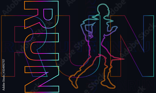Running man. Silhouettes people with lines. Minimal cover design. Sport marathon with run. Athlete international race. Background text words. Vector illustration