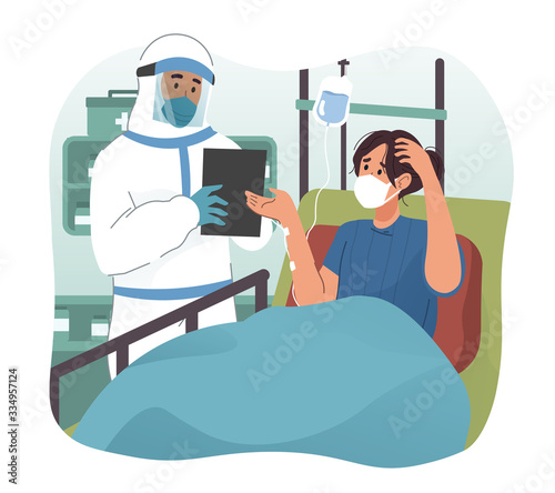 Doctor wearing protective suit treat a patient infected with coronavirus in hospital