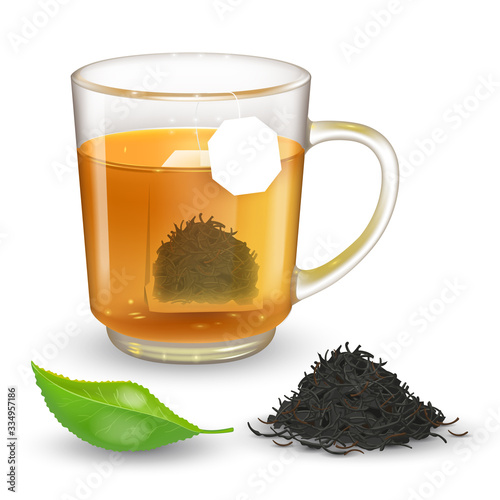 High detailed vector illustration of transparent cup with black or green tea isolated on transparent background. Flat rectangular tea bag inside cup with label. Realistic green tea leaf.