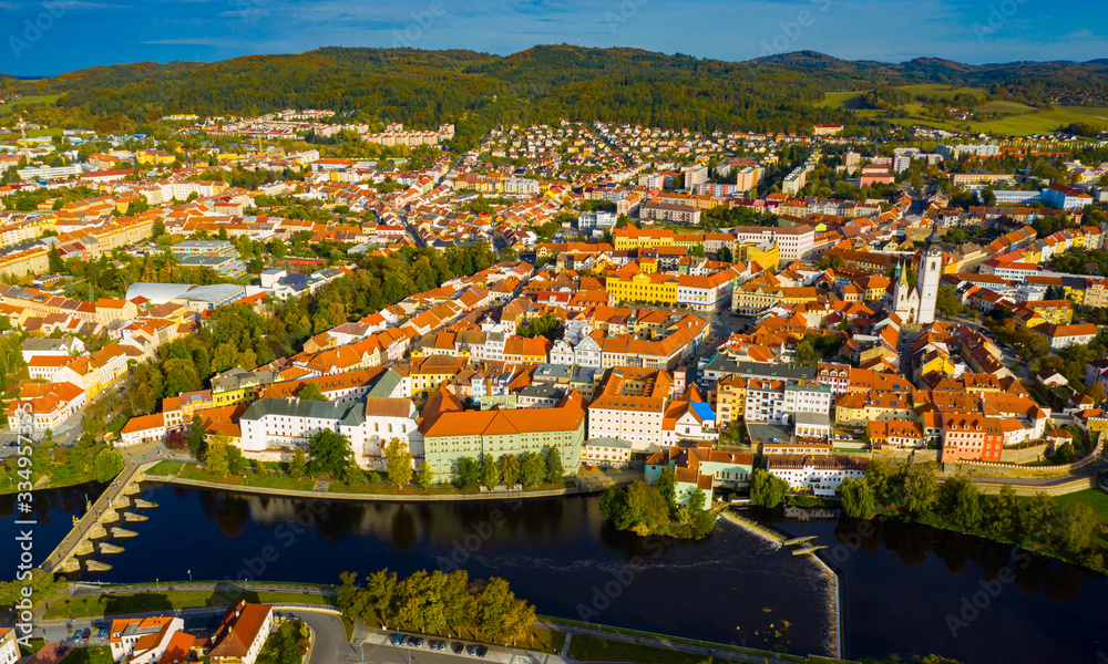 Panoramic view from the drone on the city Pisek. Czech Republic