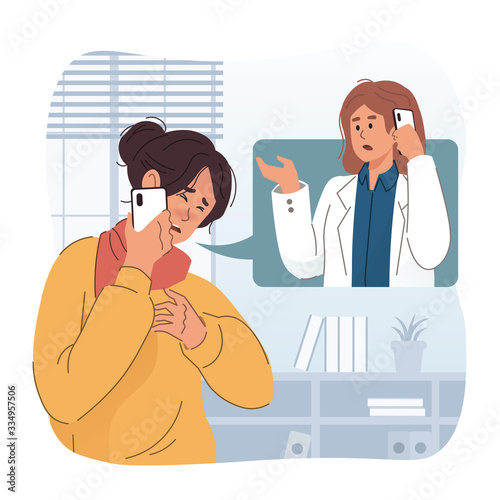 Woman with shortness of breath calling doctor for help. Emergency call concept