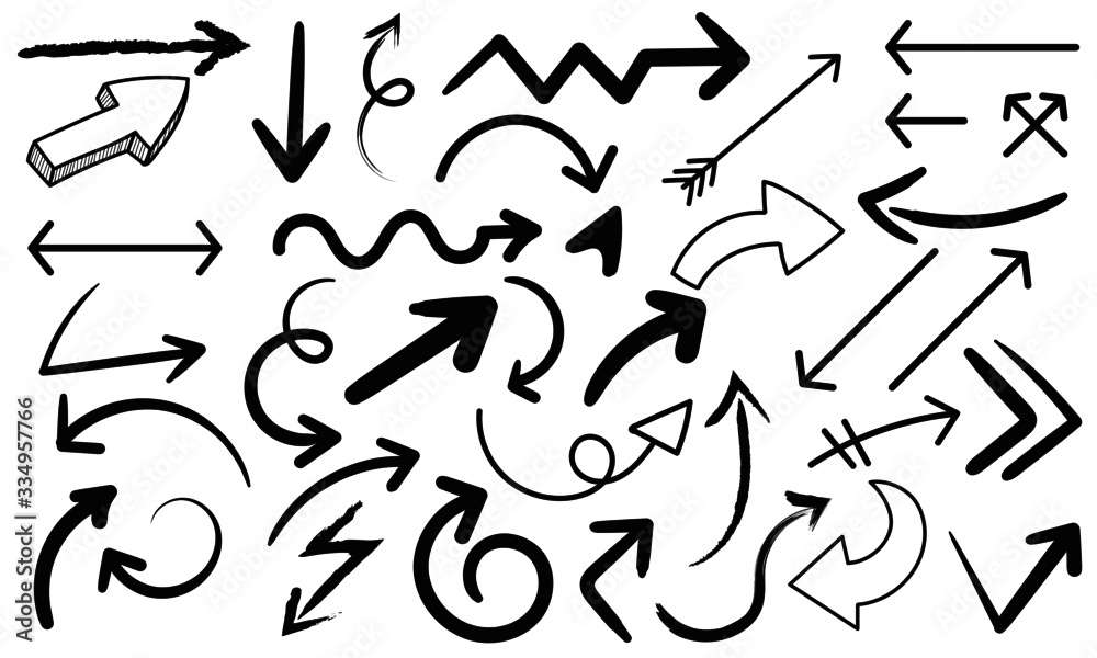 Ensemble de flèches de différentes formes - Pack de flèches directionnelles dessinées à la main - Éléments en 2D, mouvement et dynamisme, formes simples ou doubles