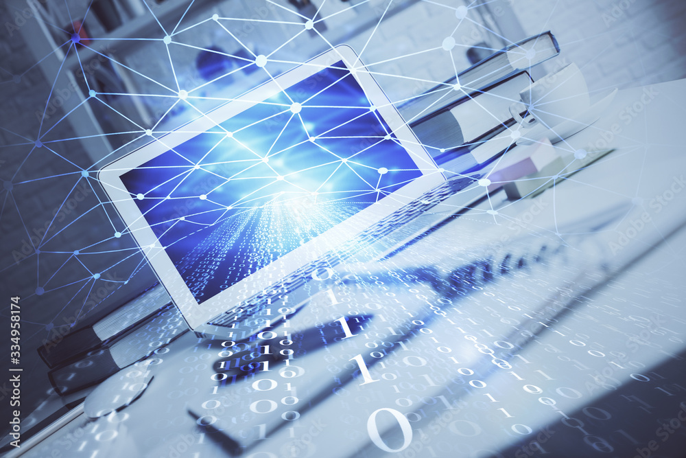 Fototapeta premium Technology theme drawing and work space with computer. Double exposure. Concept of innovation.