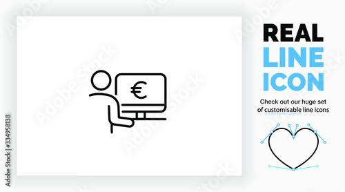 Editable real line icon of a stick figure person at his desk on a computer checking his money balance