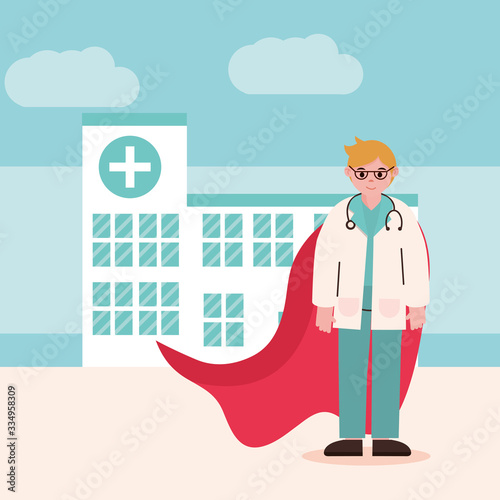 doctor hero, physician professional with glasses stethoscope and cape