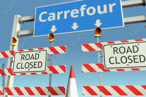 Traffic barricades near Carrefour city traffic sign. Lockdown conceptual 3D rendering © Alexey Novikov